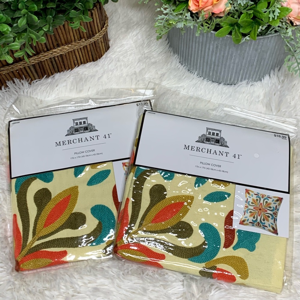 🆕 Merchant 41 Crewel Fall Colors Pillow Covers Cases 18” x 18” Square Accent
